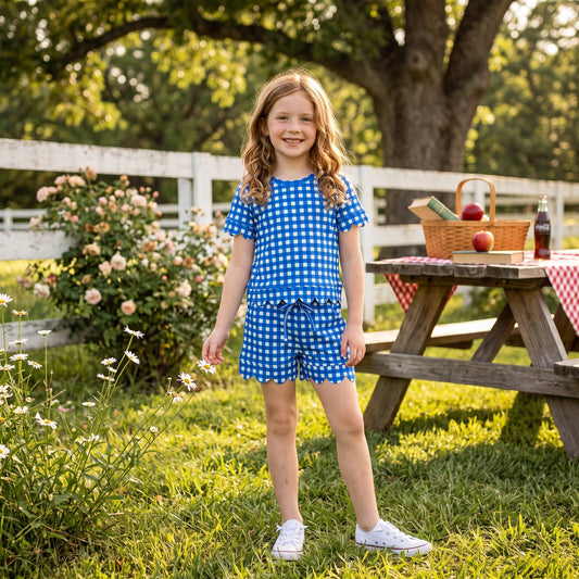 GSSO3837 Royalblue Checkered Print Pockets Shorts Girls Summer Scallop Clothes Set