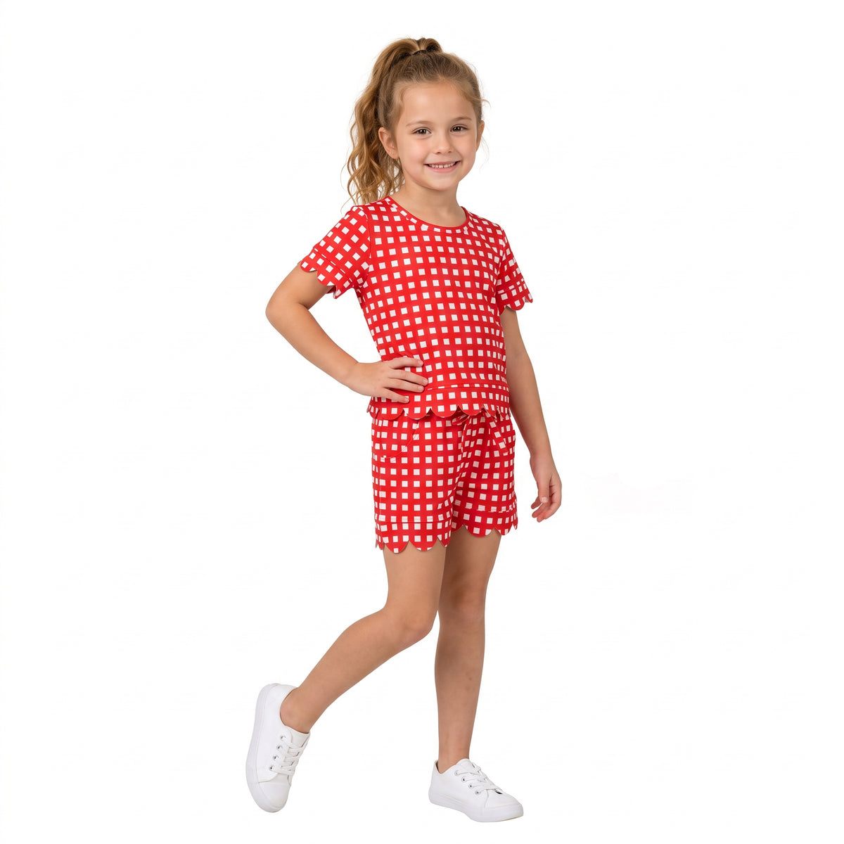 GSSO3838  Red Checkered Print Pockets Shorts Girls Summer Scallop Clothes Set
