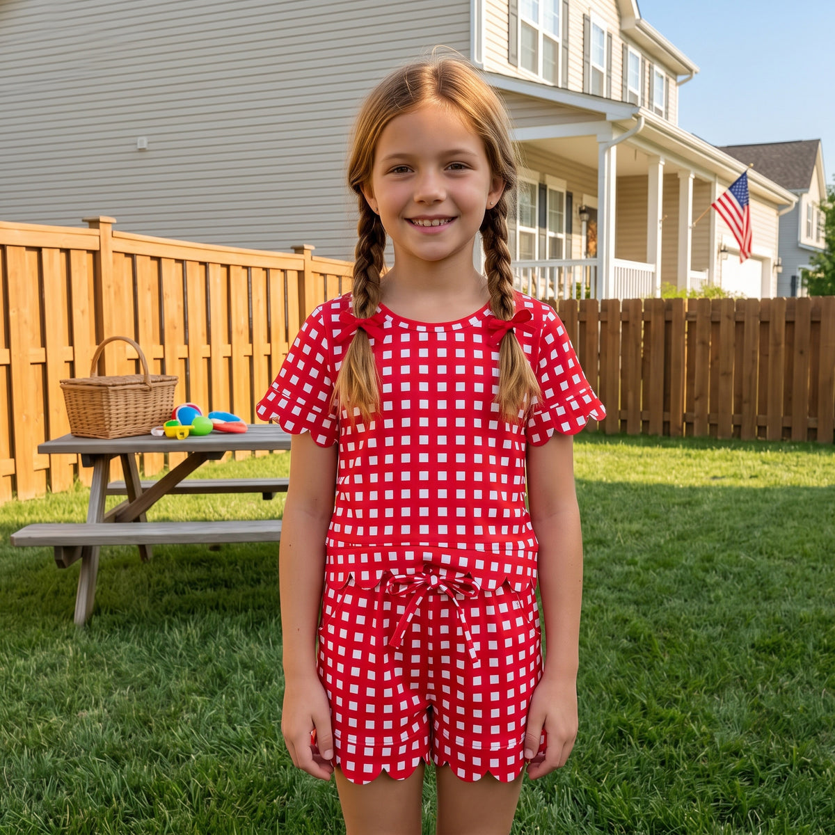 GSSO3838  Red Checkered Print Pockets Shorts Girls Summer Scallop Clothes Set