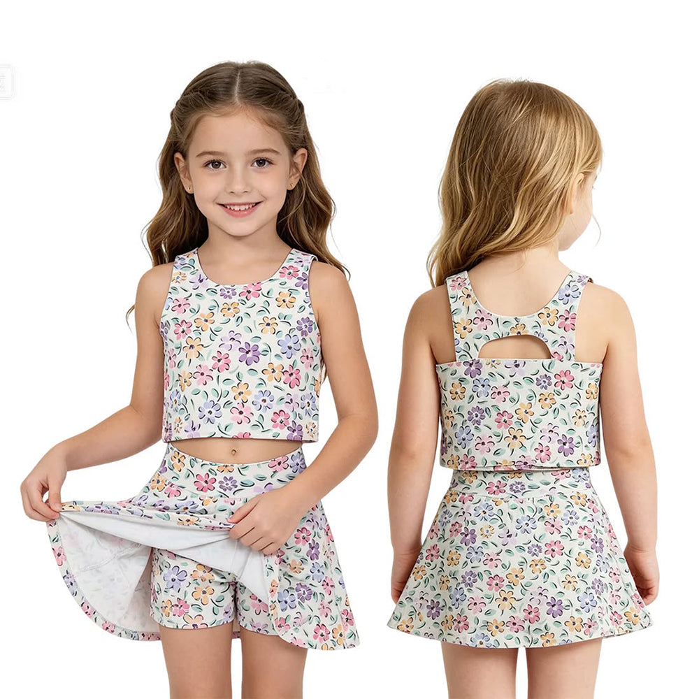GSSO3838 Colorful Flowers Tank Top Skorts Girls Summer Yoga Clothes Set