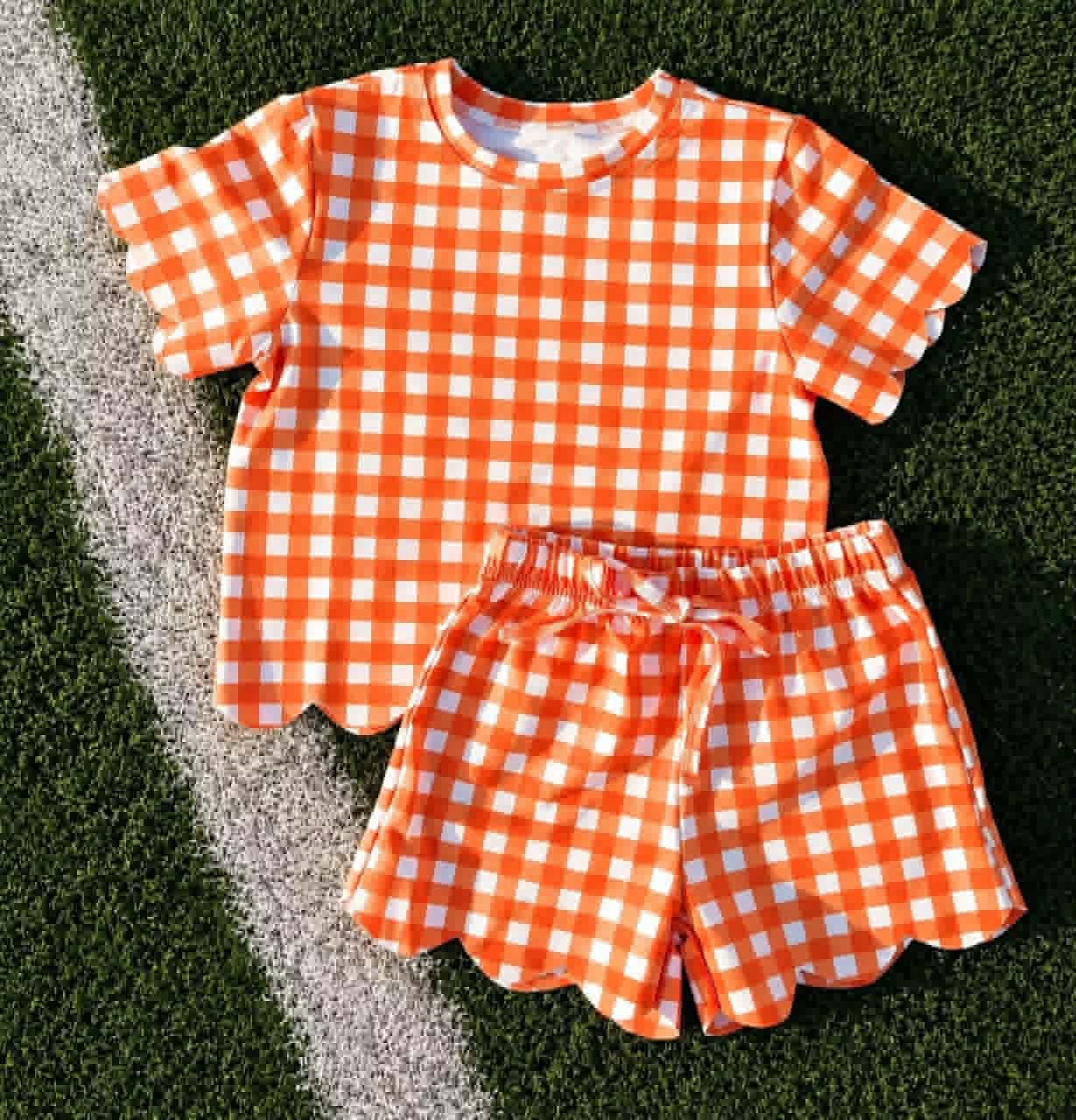 7.6 Preorder Kids Girls Orange Gingham Scalloped Se