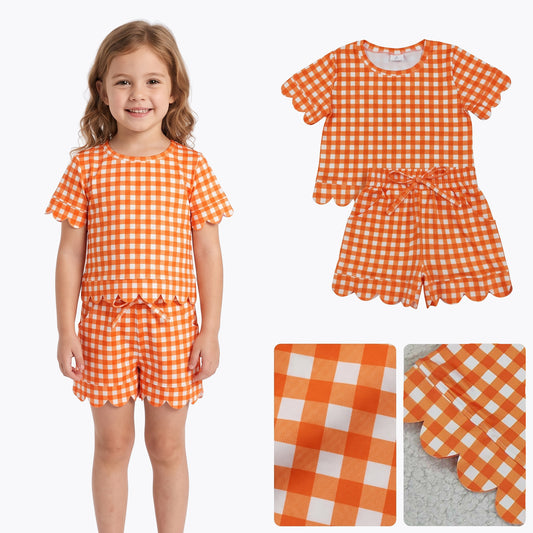 GSSO3839 Orange Checkered Print Pockets Shorts Girls Summer Scallop Clothes Set