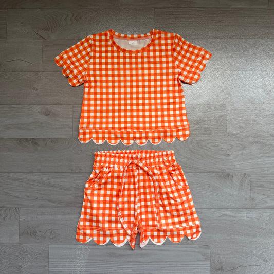 GSSO3839 Preorder Kids Girls Orange Gingham Scalloped Se