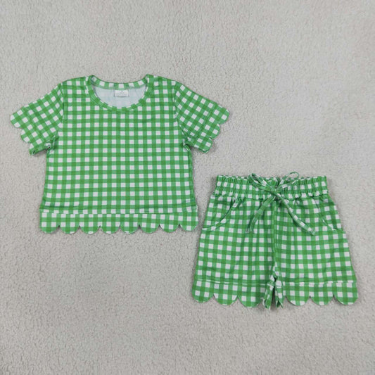 GSSO3840 Green Checkered Print Pockets Shorts Girls Summer Scallop Clothes Set