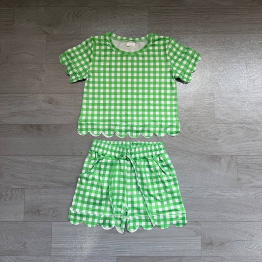 GSSO3840 Preorder Kids Girls Green Gingham Scalloped Set