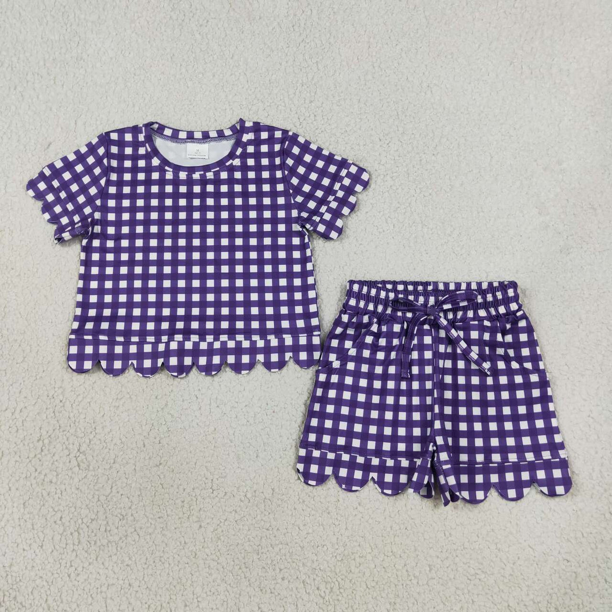 GSSO3841 Purple Checkered Print Pockets Shorts Girls Summer Scallop Clothes Set