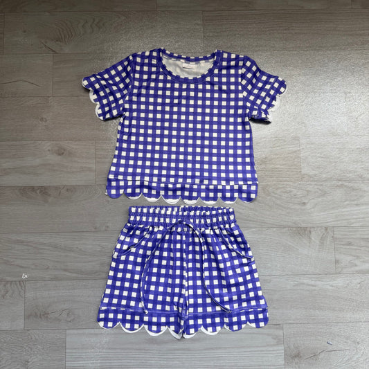 GSSO3841 Preorder Kids Girls Purple  Gingham Scalloped Set