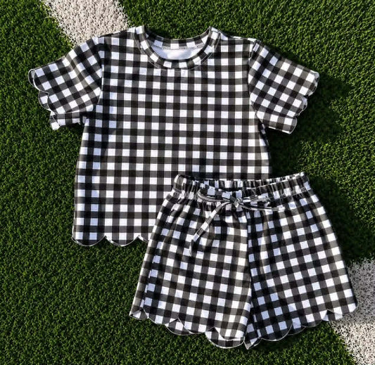 GSSO3842 Preorder Kids Girls Black Gingham Scalloped Set