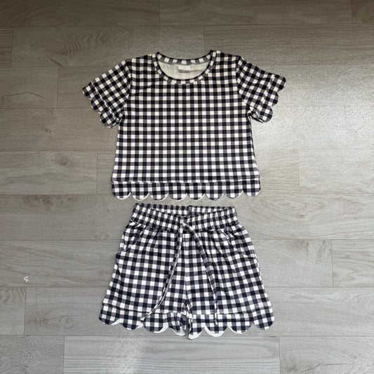 GSSO3842 Preorder Kids Girls Black Gingham Scalloped Set