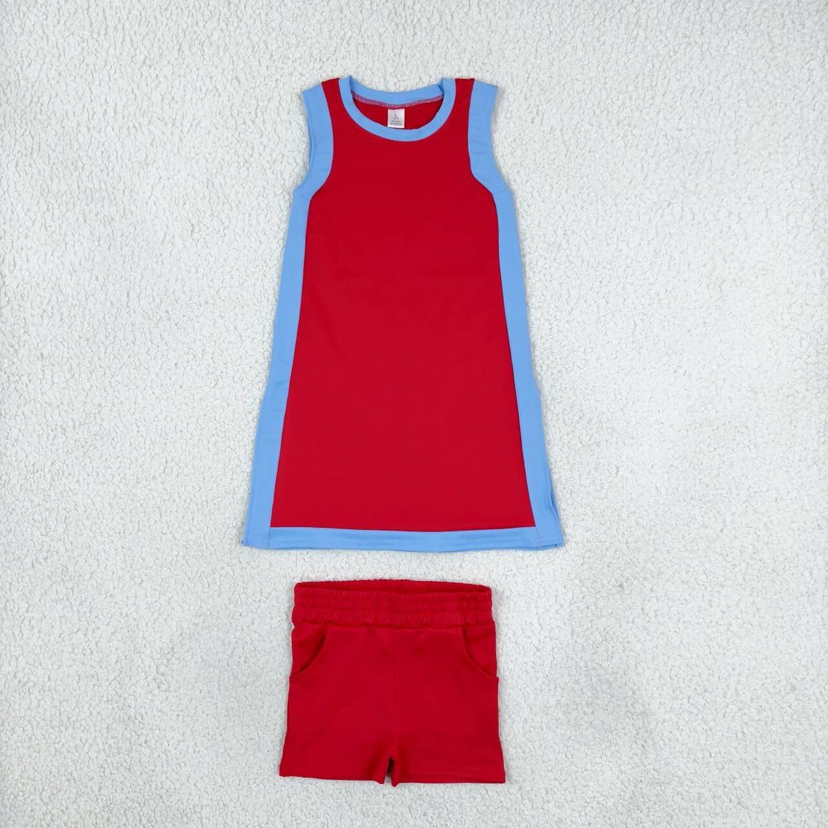 GSSO3846 Red With Blue Active Sleeveless Top Pockets Shorts Girls Yoga Clothes Set