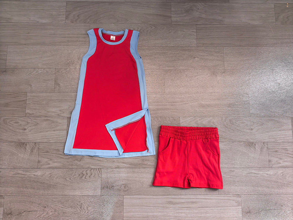 7.11 Preorder Kids Girls Red Blue Sleeveless Active Dress +Shorts