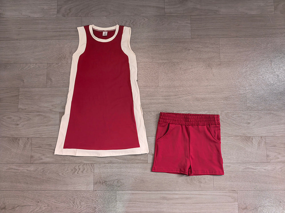 7.11 GSSO3848 Preorder Kids Girls Maroon White Sleeveless Active Dress +Shorts
