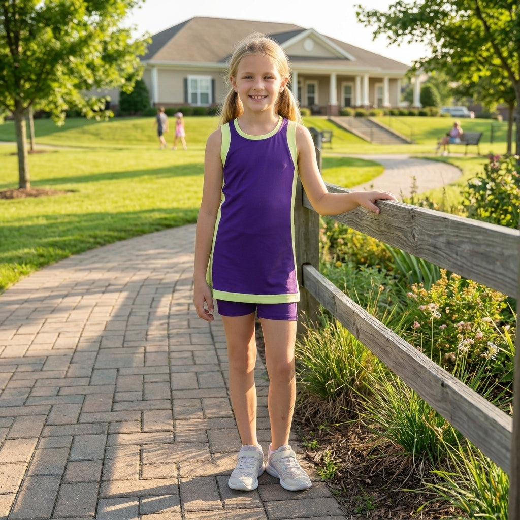 GSSO3844 Purple With Yellow Active Sleeveless Top Pockets Shorts Girls Yoga Clothes Set