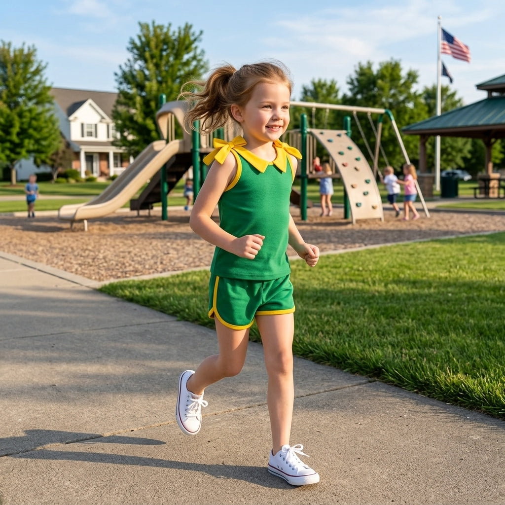 GSSO3850 Teams Yellow Bow Vest Top Green Pockets Shorts Girls Cotton Summer Clothes Set