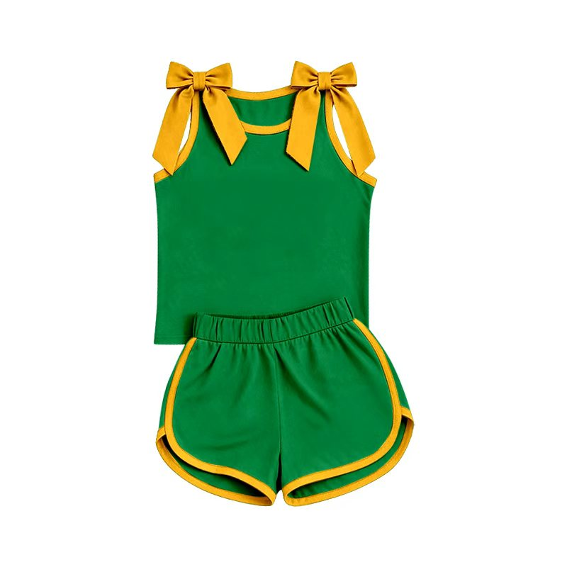 7.21 GSSO3850 Preorder Yellow Bows Green Cotton Tank Top Shorts Girls Summer Teams Clothes Set