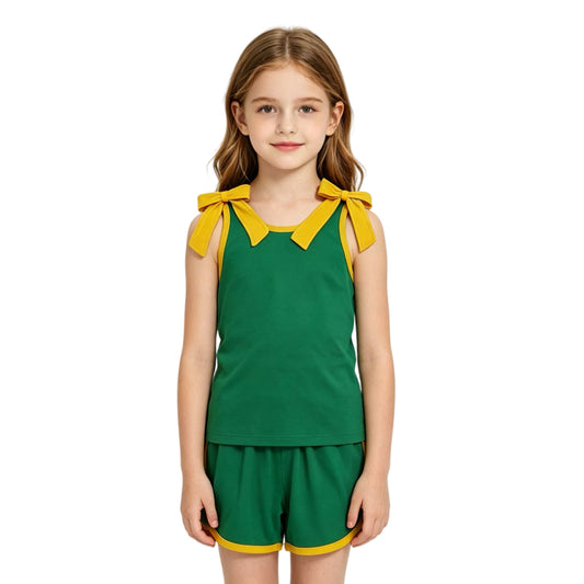 GSSO3850 Teams Yellow Bow Vest Top Green Pockets Shorts Girls Cotton Summer Clothes Set