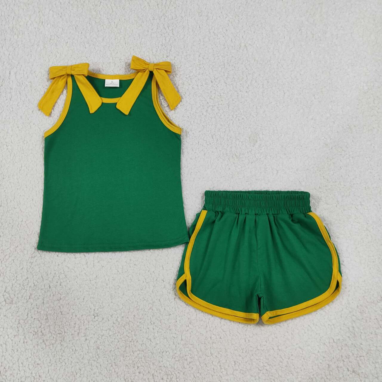 GSSO3850 Teams Yellow Bow Vest Top Green Pockets Shorts Girls Cotton Summer Clothes Set