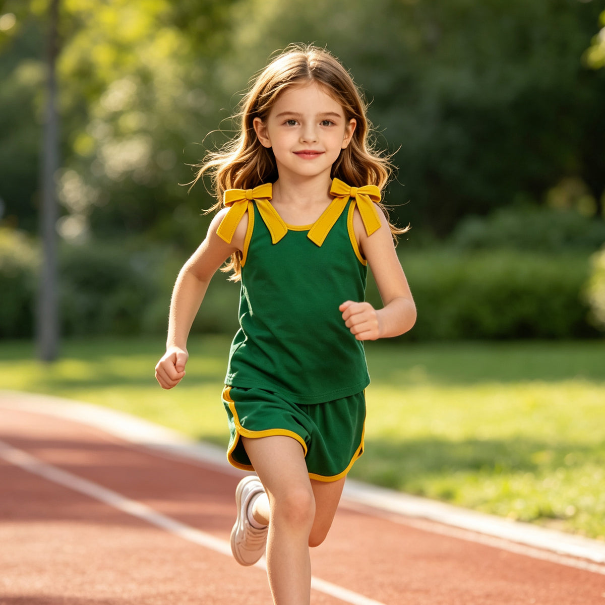 GSSO3850 Teams Yellow Bow Vest Top Green Pockets Shorts Girls Cotton Summer Clothes Set
