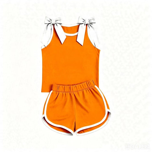 7.24 GSSO3851 Preorder White Bows Orange Cotton Tank Top Shorts Girls Summer Teams Clothes Set