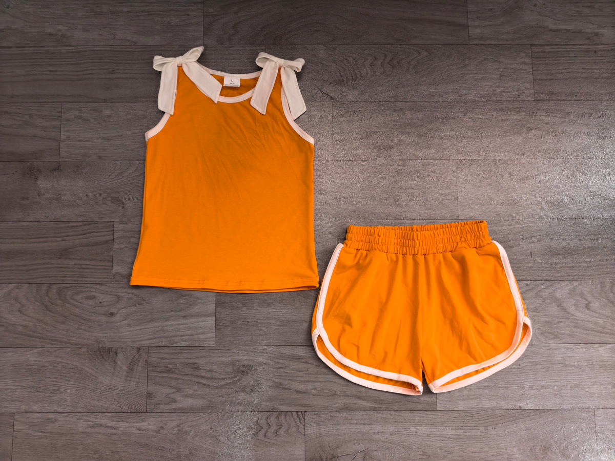 7.24 GSSO3851 Preorder White Bows Orange Cotton Tank Top Shorts Girls Summer Teams Clothes Set