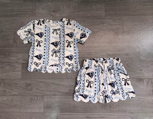7.27 GSSO3853 Preorder Teams RAMS Bows Print Girls Summer Scallop Clothes Set