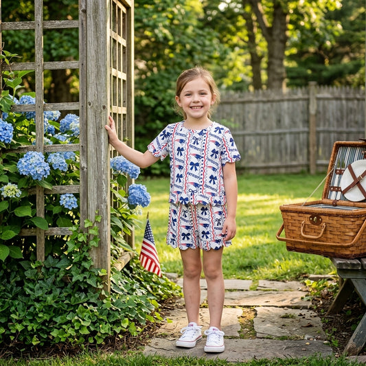 GSSO3854 Teams PATRIOTS Bows Print Girls Summer Scallop Clothes Set