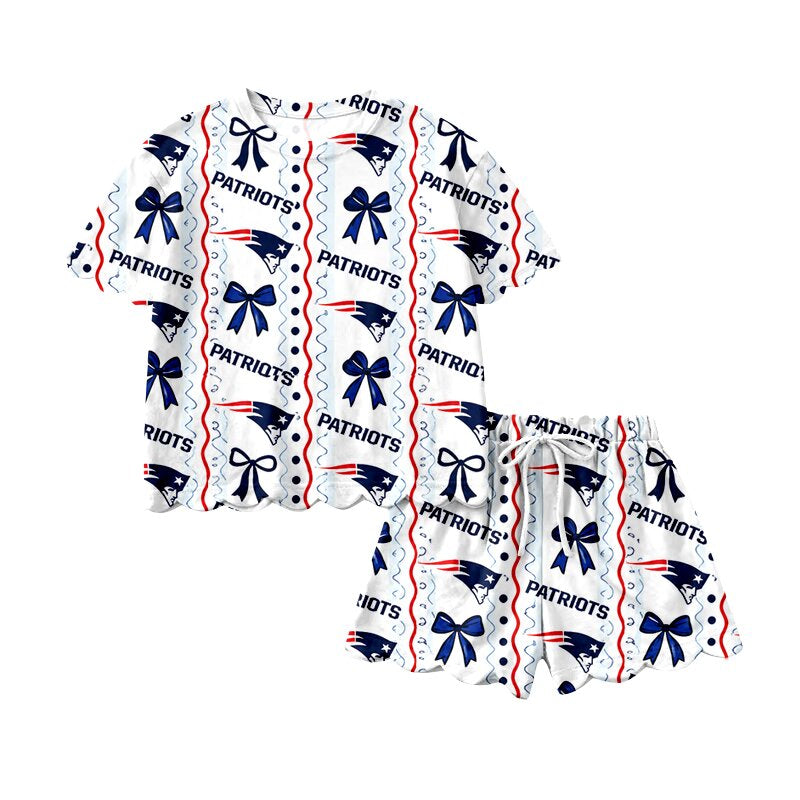 7.27 GSSO3854 Preorder Teams PATRIOTS Bows Print Girls Summer Scallop Clothes Set