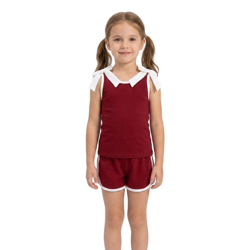 GSSO3855 Teams White Bow Vest Top Wine Pockets Shorts Girls Cotton Summer Clothes Set