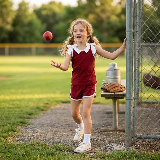 GSSO3855 Teams White Bow Vest Top Wine Pockets Shorts Girls Cotton Summer Clothes Set
