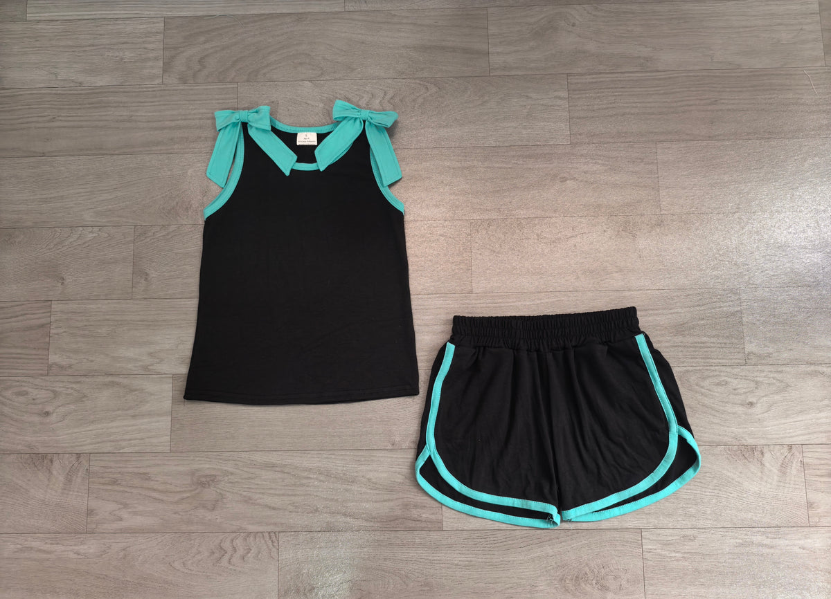 7.29 GSSO3856 Preorder Blue Bows Black Cotton Tank Top Shorts Girls Summer Teams Clothes Set