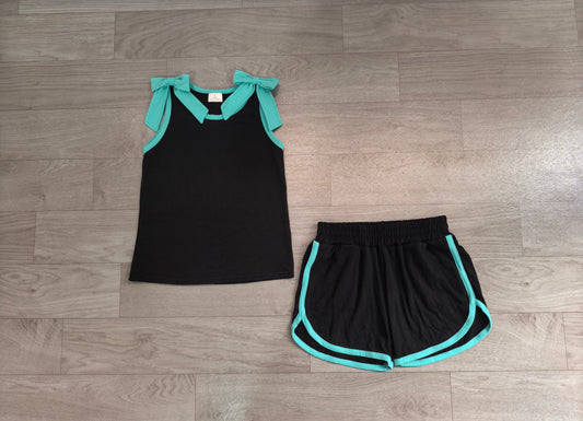 7.29 GSSO3856 Preorder Blue Bows Black Cotton Tank Top Shorts Girls Summer Teams Clothes Set