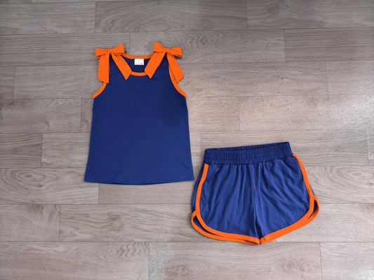 7.29 GSSO3857 Preorder Orange Bows Blue Cotton Tank Top Shorts Girls Summer Teams Clothes Set