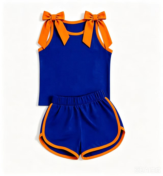 7.29 GSSO3857 Preorder Orange Bows Blue Cotton Tank Top Shorts Girls Summer Teams Clothes Set