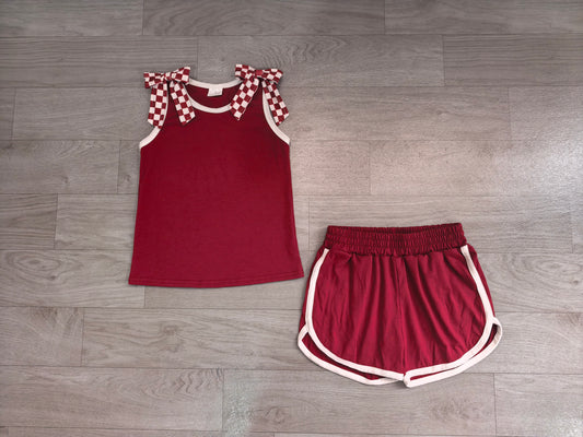 7.29 GSSO3859 Preorder Checkered Bows Wine Cotton Tank Top Shorts Girls Summer Teams Clothes Set