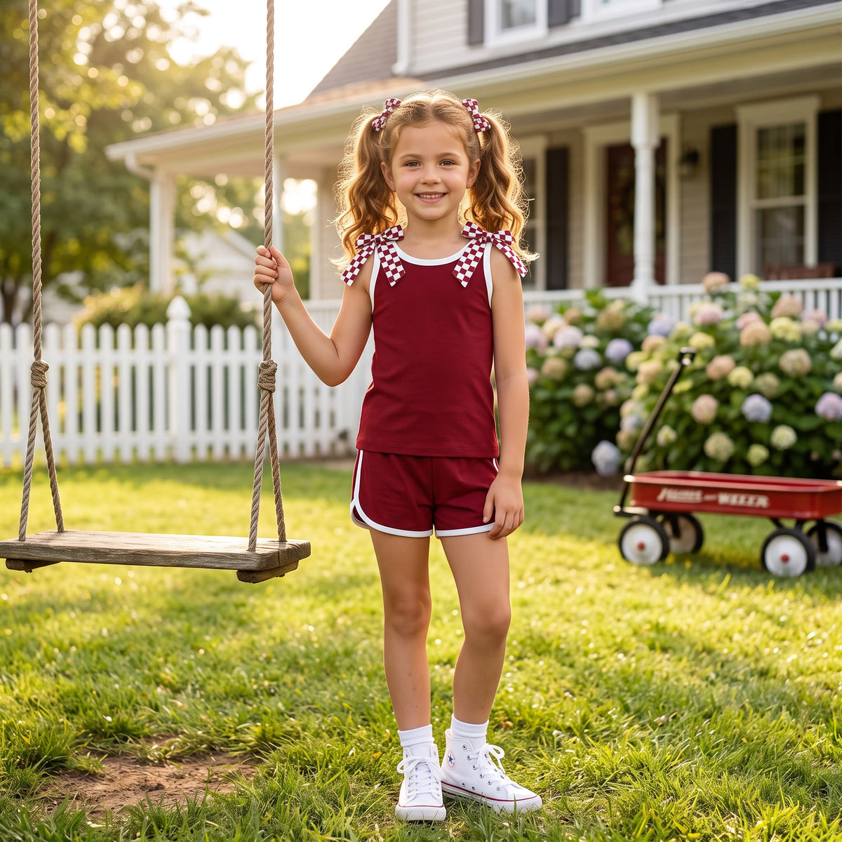 GSSO3859 Teams Checkered Bows Vest Top Wine Pockets Shorts Girls Cotton Summer Clothes Set