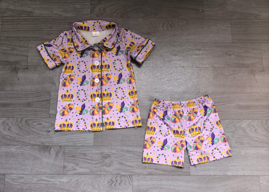 9.18 GSSO3862 Preorder Baby Girls Mardi Gras Crown King Cake Pajama Set