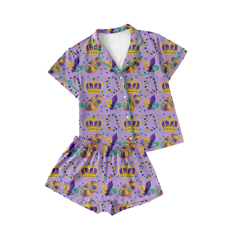 9.11 GSSO3863 Preorder Adult Women Mardi Gras Crown King Cake Short Sleeve Button Down Pajama Set