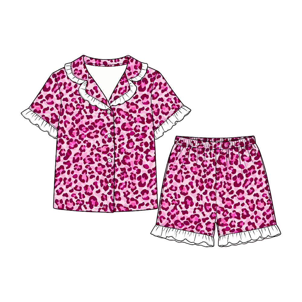9.22 Preorder GSSO3864 Kids Girls Pink Leopard Short Sleeve Button Pajama Set