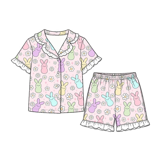 9.22 GSSO3866 Preorder Baby Girls Easter Coloful Bunny Button Short Sleeve Pajama Set