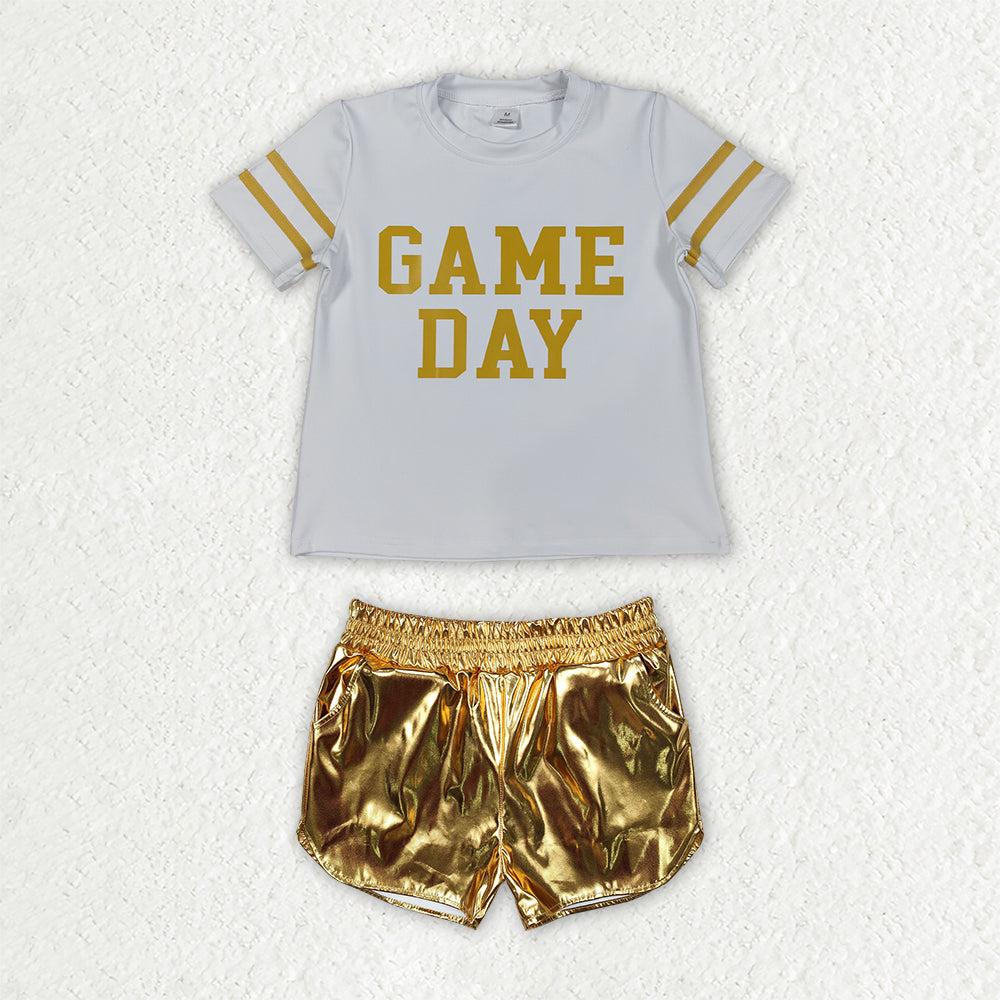 GSSO3869 Teams Game Day Vinyl Yoga Top Golden Pocket Leather Elastic Shorts Girls Outfits