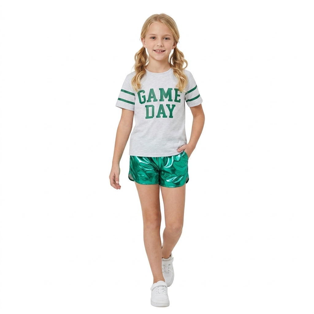 GSSO3871 Teams Game Day Vinyl Yoga Top Green Pocket Leather Elastic Shorts Girls Outfits