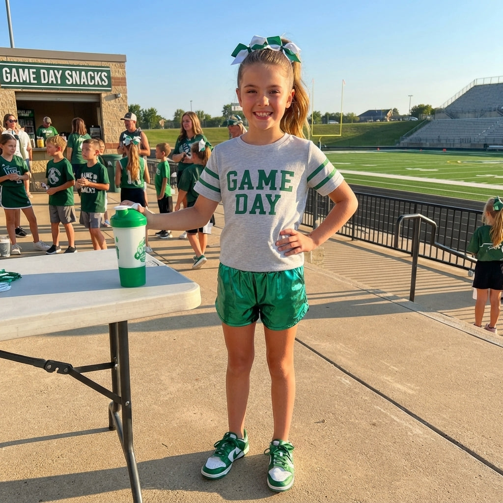 GSSO3871 Teams Game Day Vinyl Yoga Top Green Pocket Leather Elastic Shorts Girls Outfits
