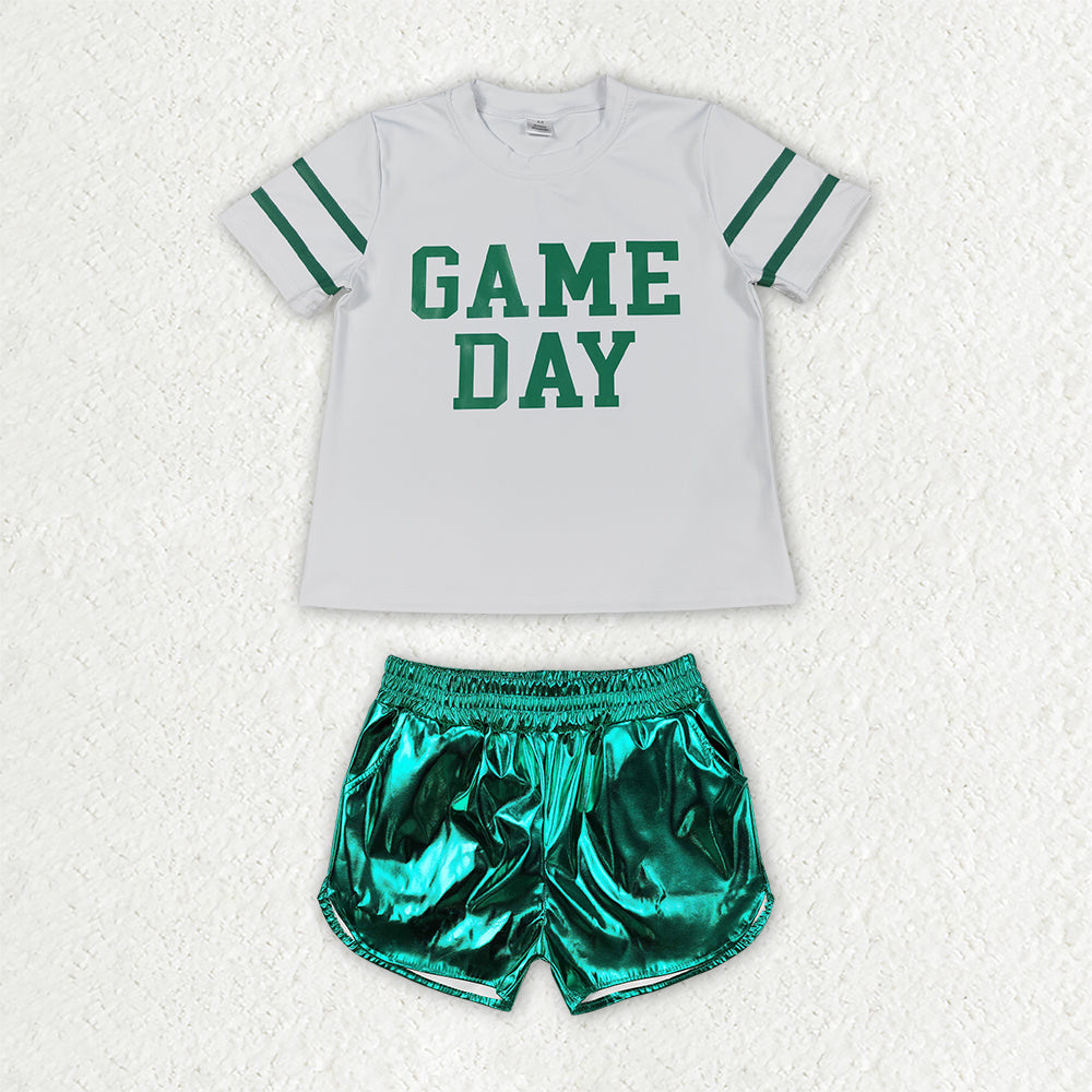 GSSO3871 Teams Game Day Vinyl Yoga Top Green Pocket Leather Elastic Shorts Girls Outfits