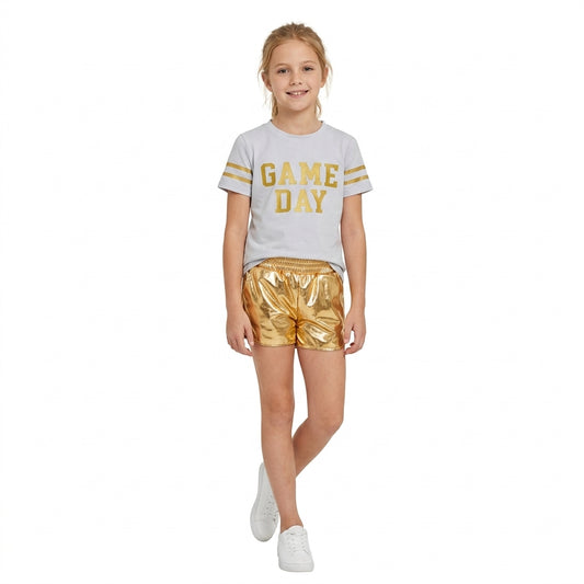GSSO3872 Teams Game Day Vinyl Yoga Top Golden Pocket Leather Elastic Shorts Girls Outfits