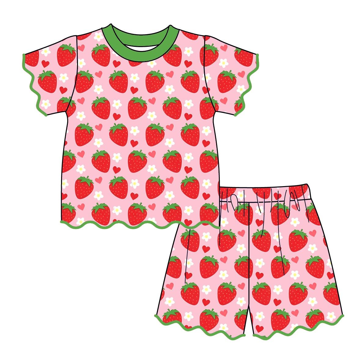 10.28 GSSO3875 Preorder Kids Girls  strawberry Heart Print Scalloped Shorts Outfit
