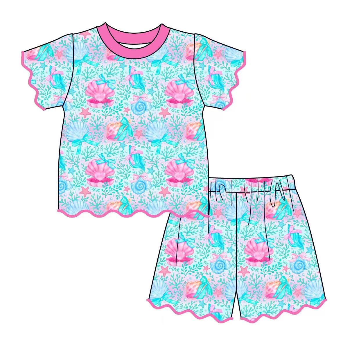 10.28 GSSO3876 Preorder Kids Girls  Shell Print Scalloped Shorts Outfit