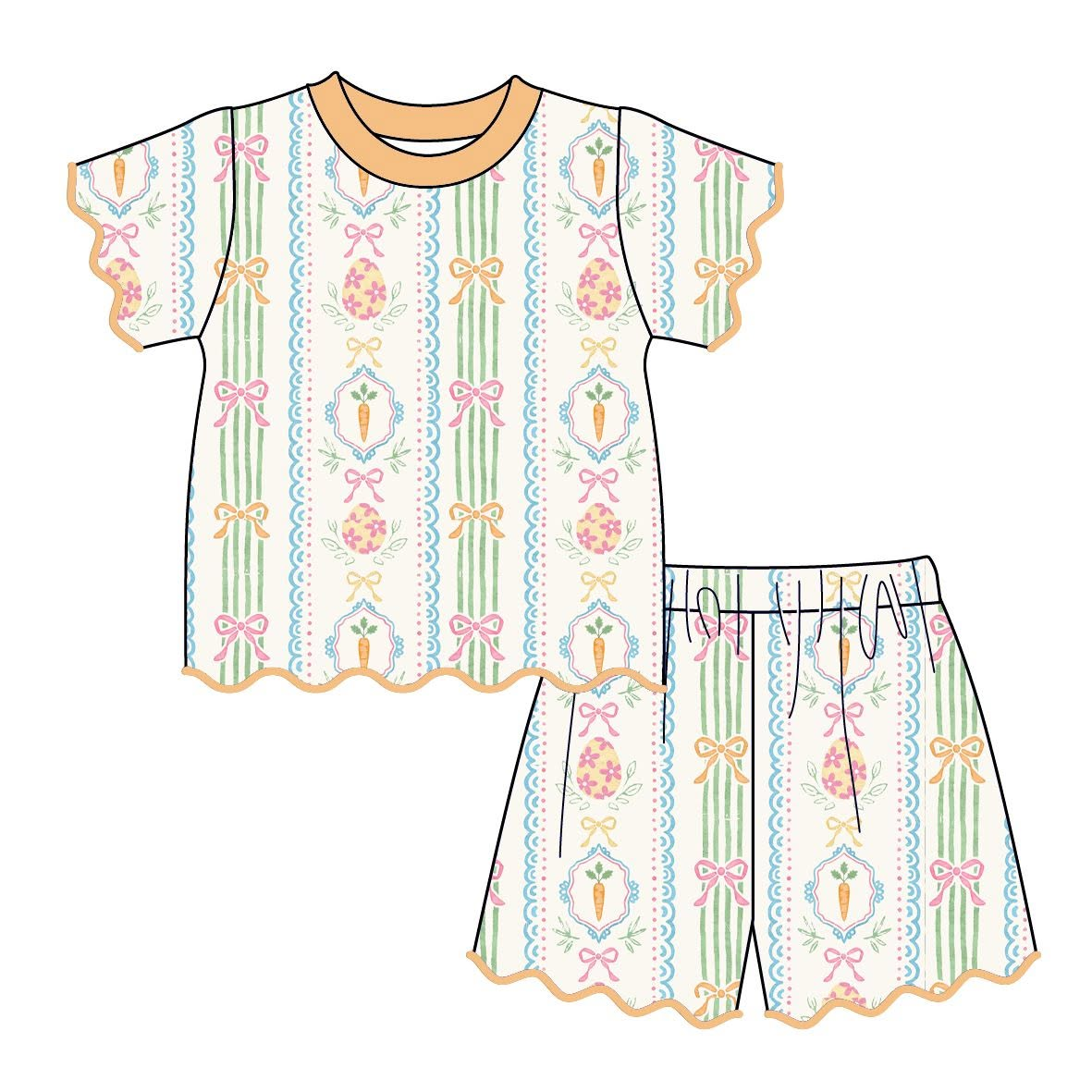 10.28 GSSO3879 Preorder Kids Girls Easter Egg Carrot  Bow Scalloped Shorts Outfit