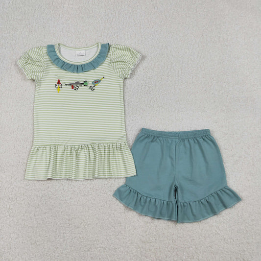 Sibling Baby Boys Girls Embroidery Fishing Top Shorts Hunting Clothes Sets