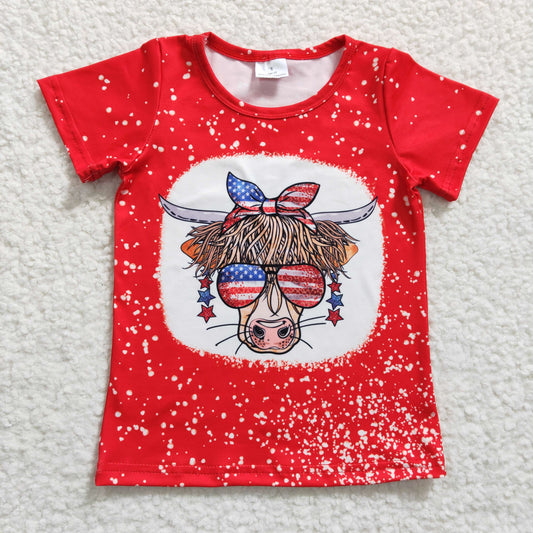 GT0114  Heifer Stars Red Print Girls 4th of July Tee Shirts Top