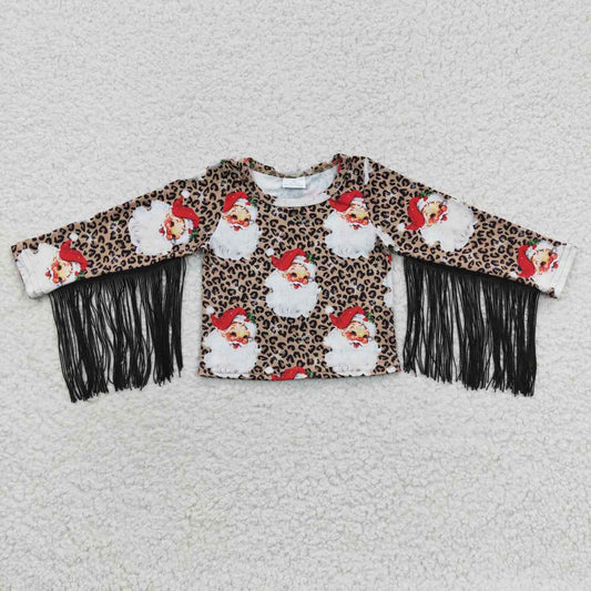 GT0186 Santa Holly Leopard Print Girls Christmas Tassel Tee Shirts Top